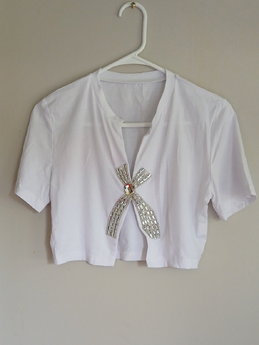 White Short-Sleeve Embellished Crop Top with Bow Accent